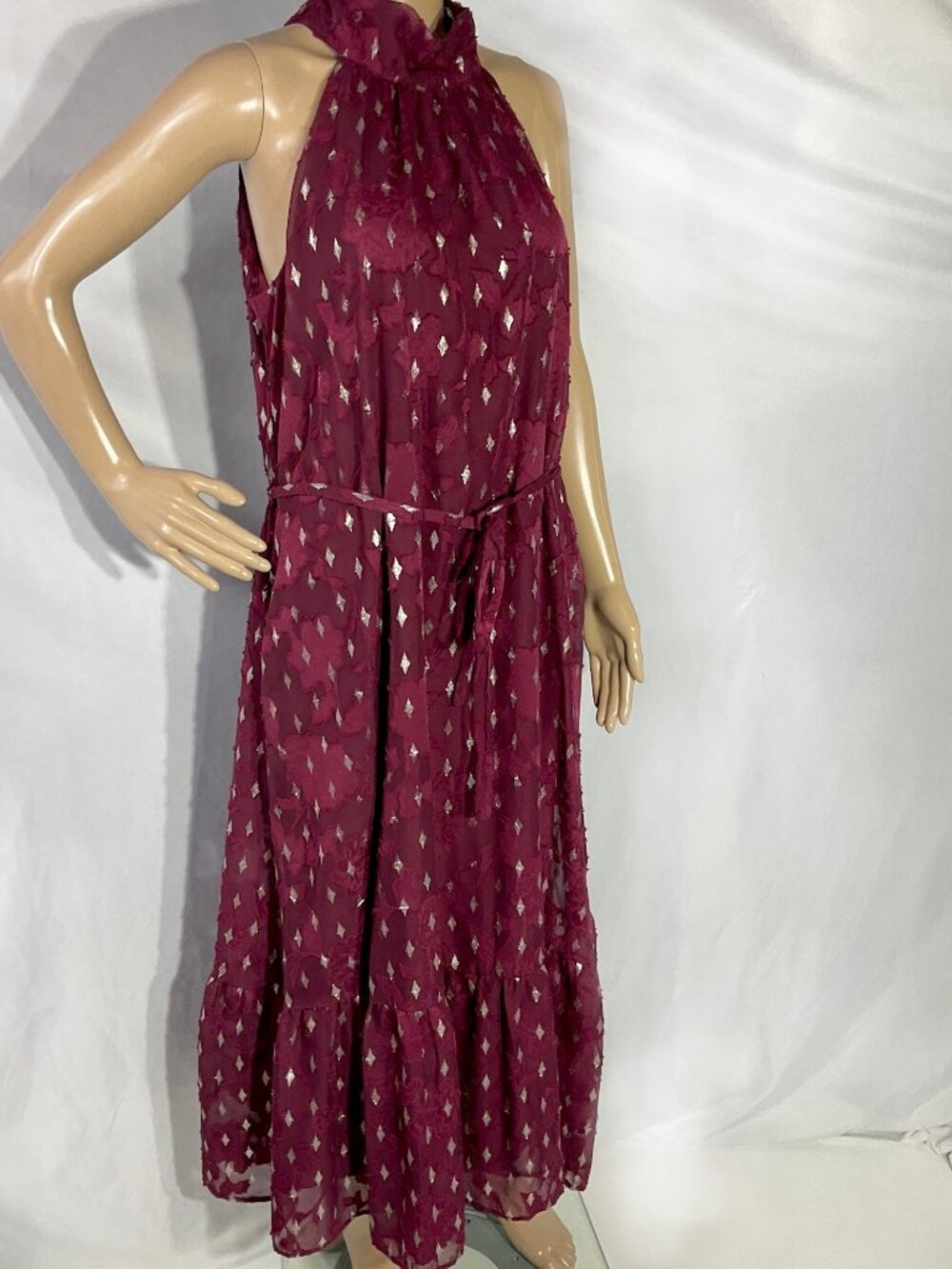 DR Collection Sz 12 Halter Midi Dress Burgandy Silver Flowy